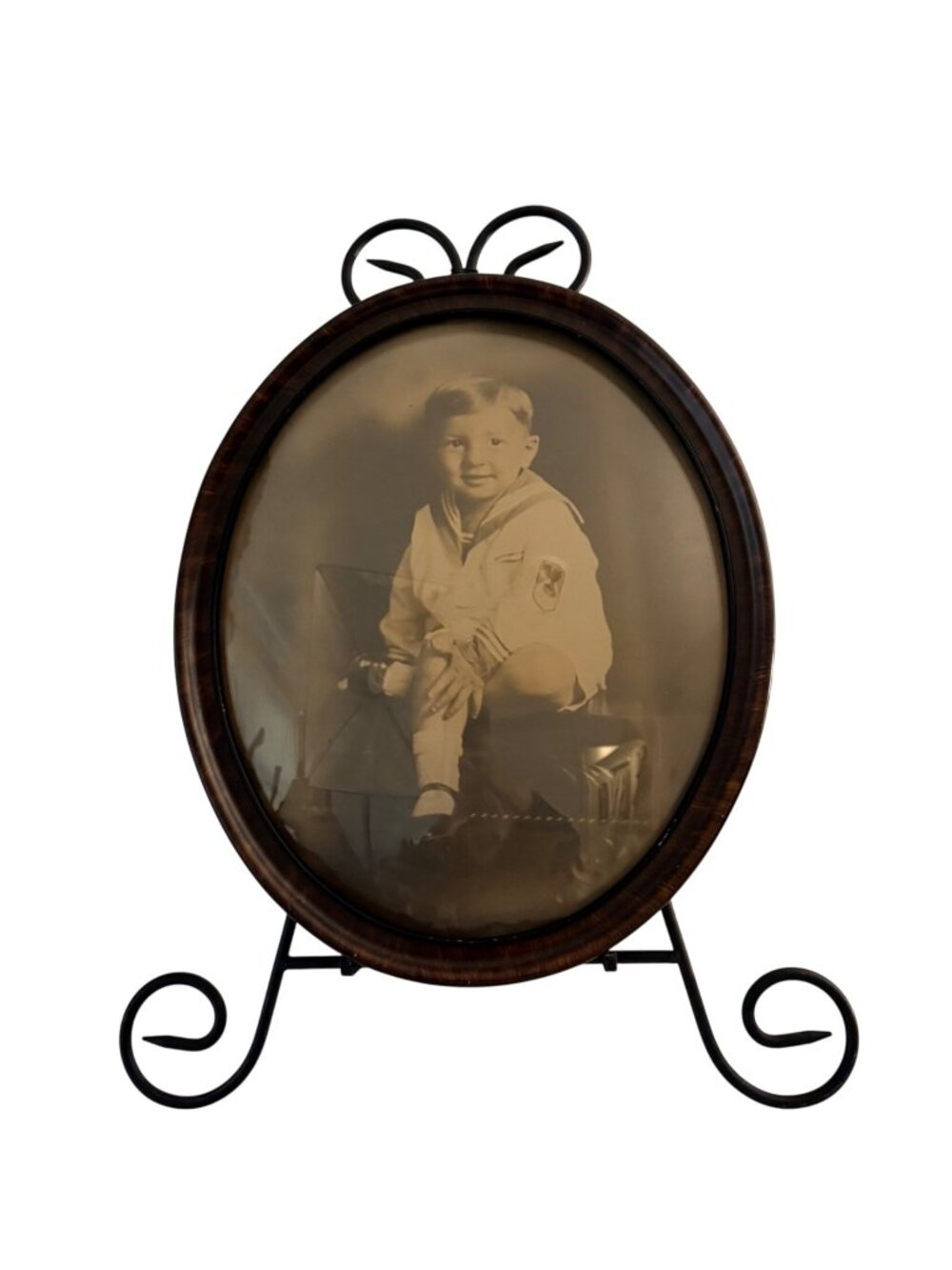 Antique Oval Bubble Glass Frame Tiger Wood Convex Victorian Portrait Wall Decor